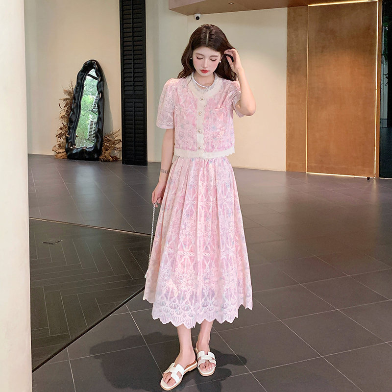 Embroidery show young lace fashion skirt 2pcs set