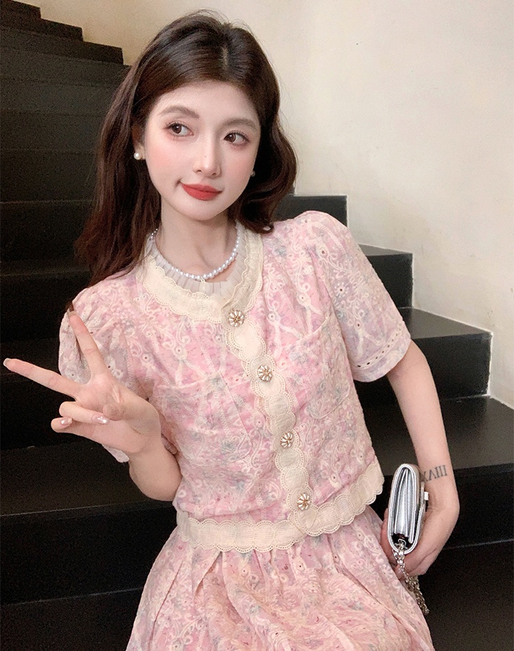 Embroidery show young lace fashion skirt 2pcs set