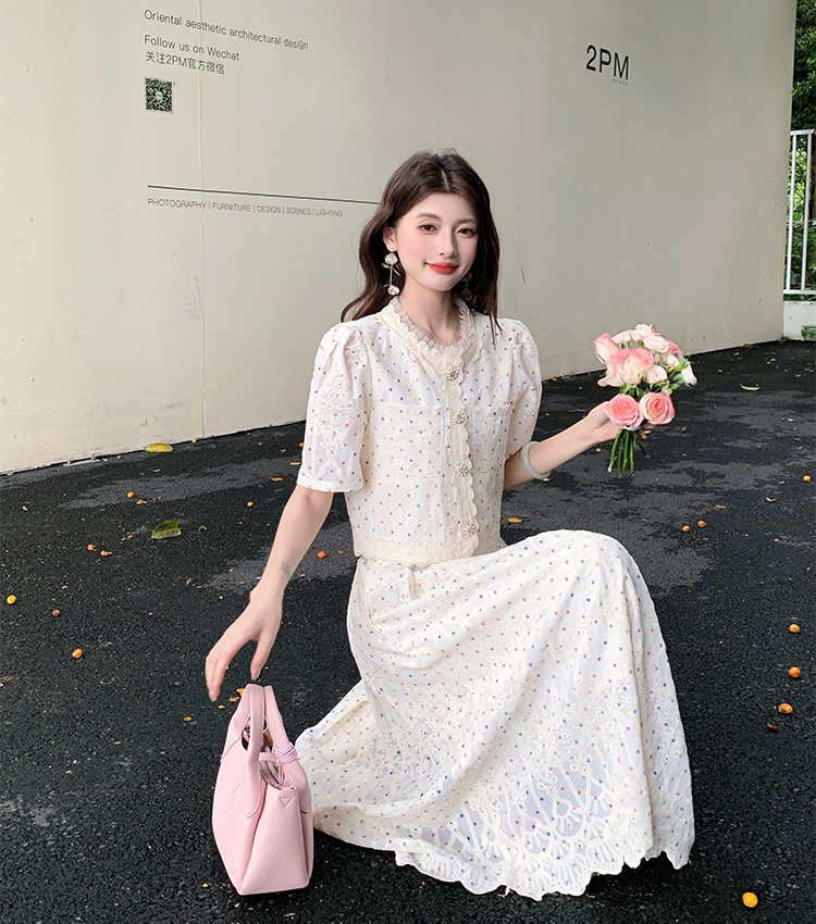Embroidery show young lace fashion skirt 2pcs set