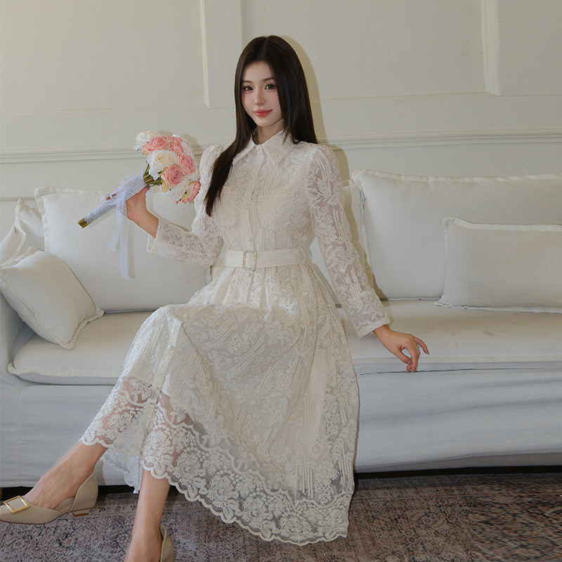 Embroidery fashion slim shirt colors pinched waist dress