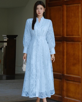 Embroidery elegant dress single-breasted long dress