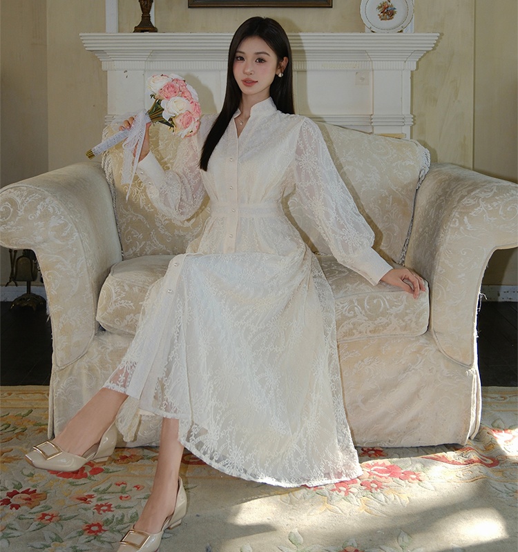 Embroidery elegant dress single-breasted long dress