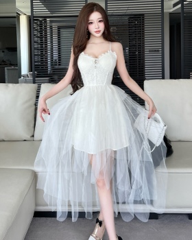 Irregular gauze dress sling pinched waist lady dress