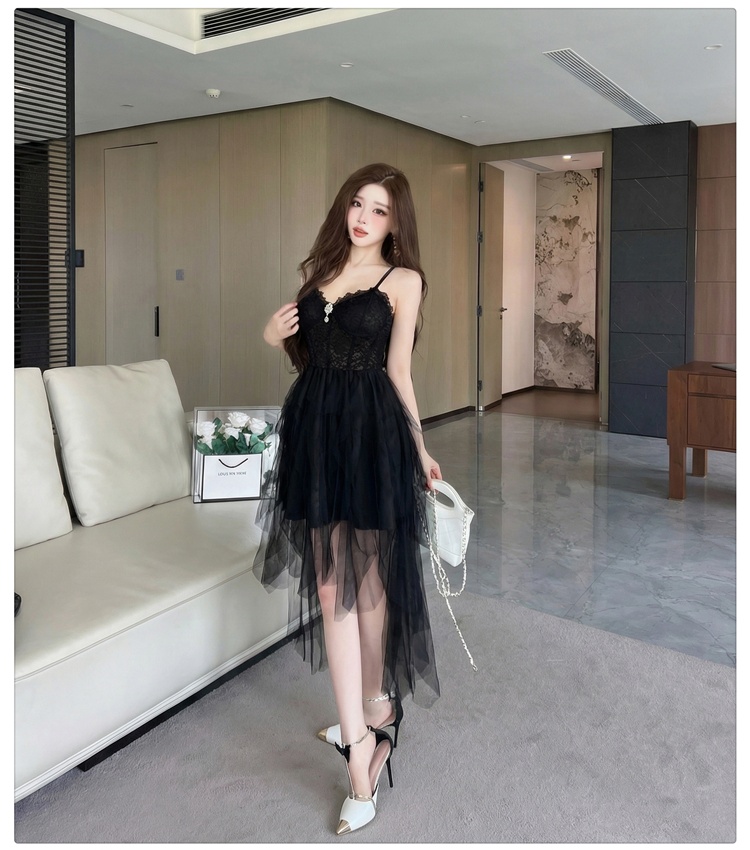 Irregular gauze dress sling pinched waist lady dress