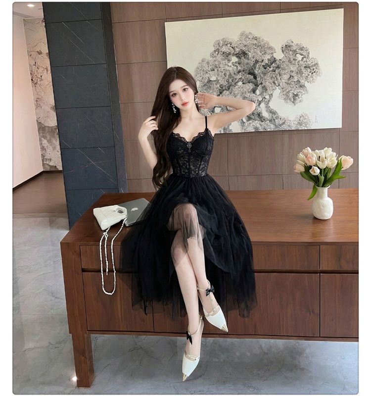 Irregular gauze dress sling pinched waist lady dress