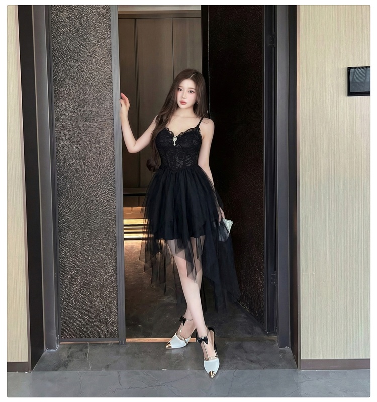 Irregular gauze dress sling pinched waist lady dress