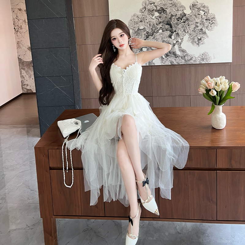 Irregular gauze dress sling pinched waist lady dress