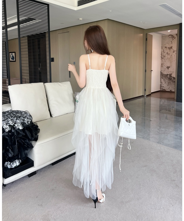 Irregular gauze dress sling pinched waist lady dress