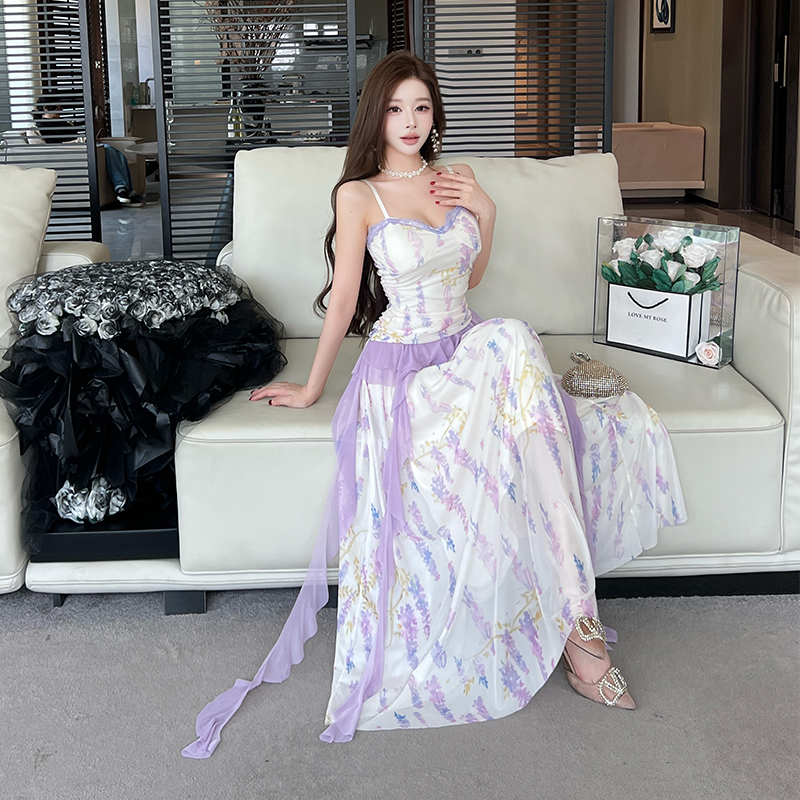 Sexy sling floral long dress slim tassels dress