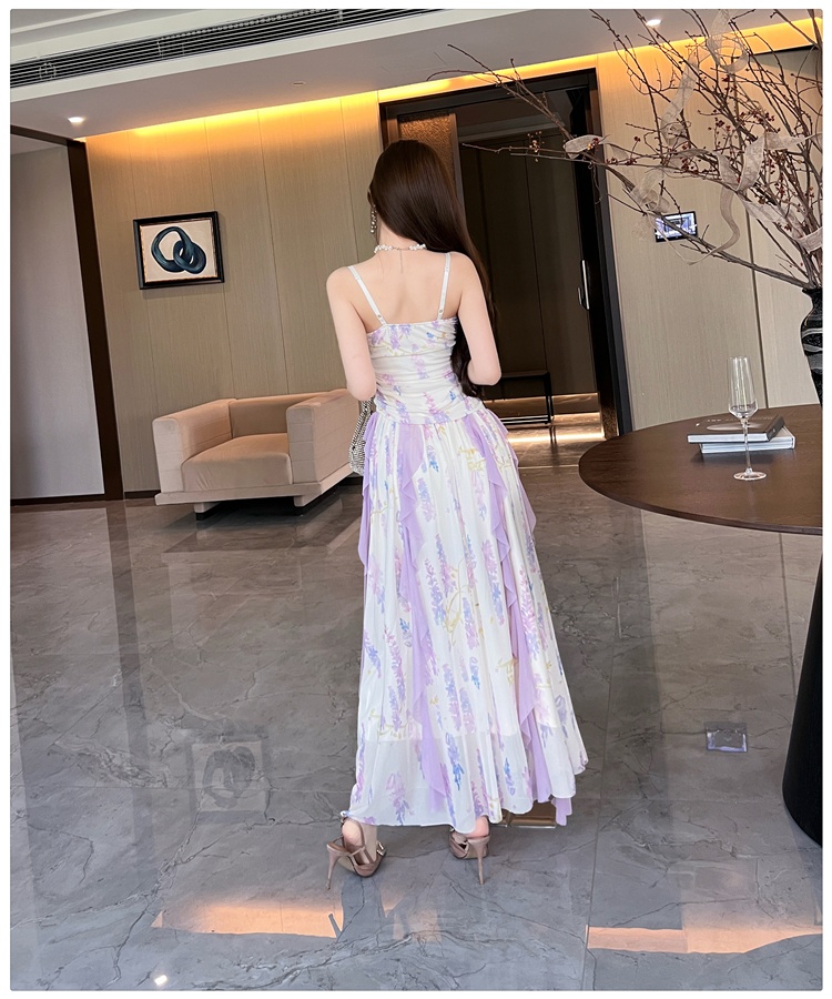 Sexy sling floral long dress slim tassels dress