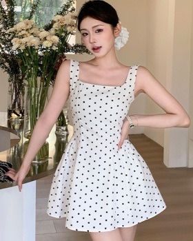 Summer square collar dress polka dot France style T-back