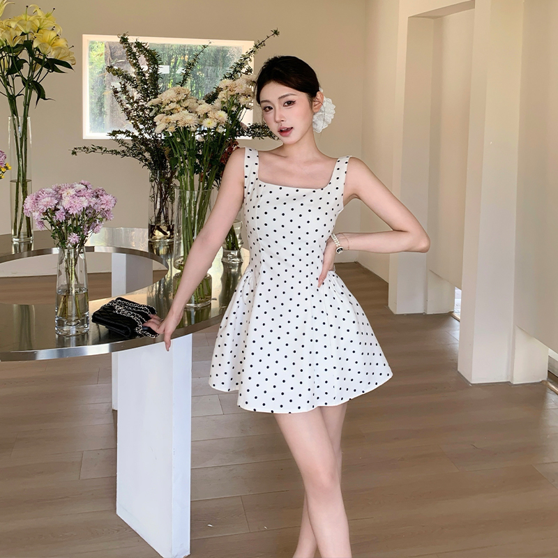 Summer square collar dress polka dot France style T-back