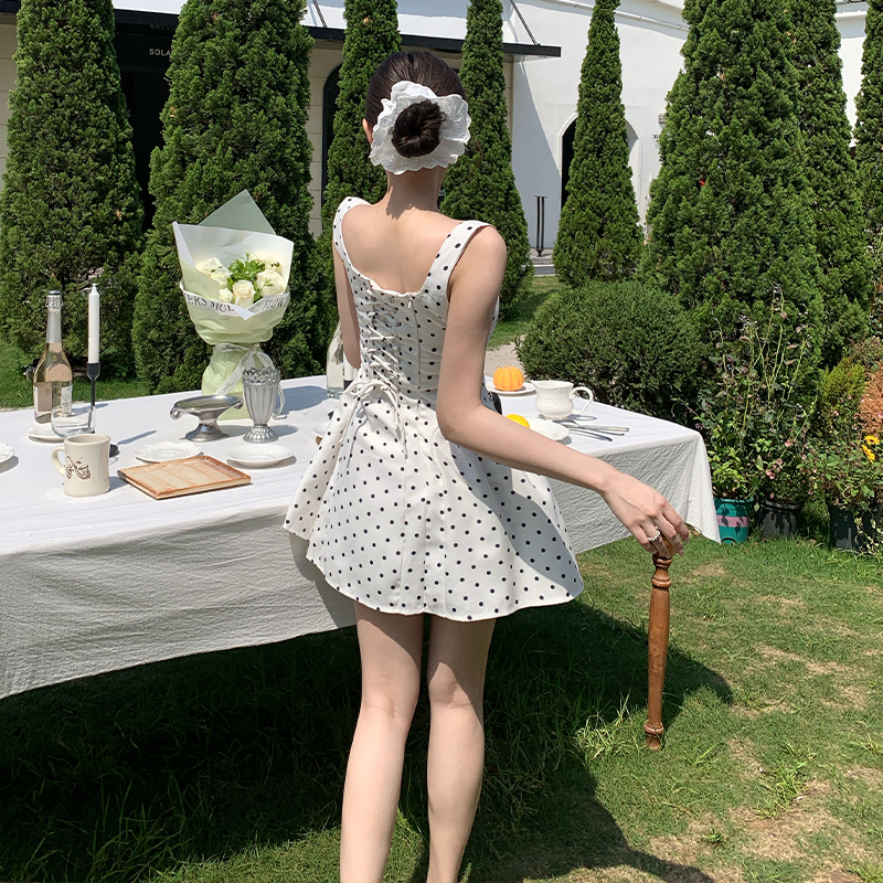 Summer square collar dress polka dot France style T-back