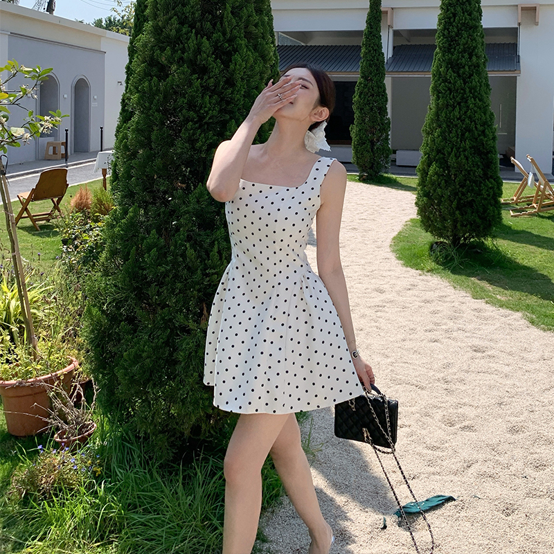 Summer square collar dress polka dot France style T-back