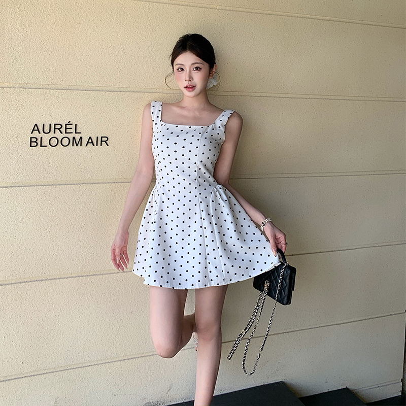 Summer square collar dress polka dot France style T-back