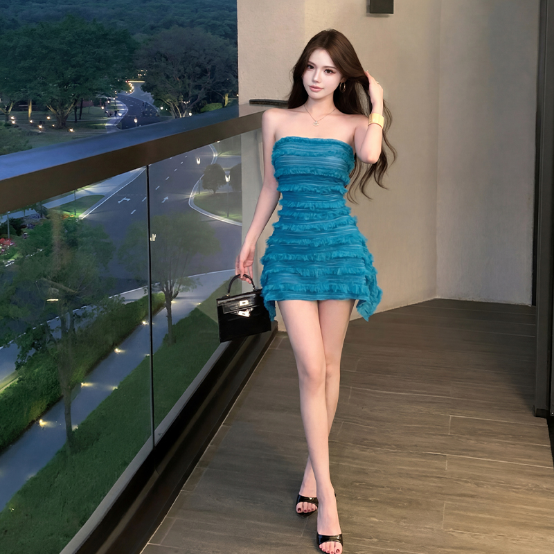 Package hip slim wrapped chest T-back gauze France style dress