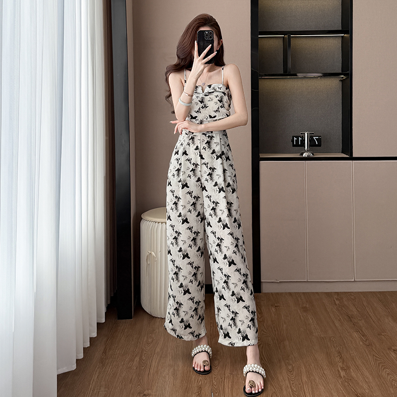 Thin jumpsuit sling wide leg pants a set for women