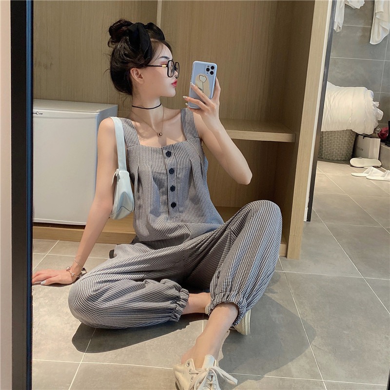 Conjoined Western style bib pants houndstooth fashion pants