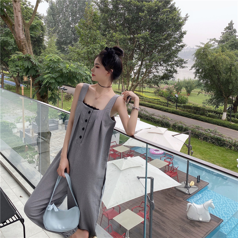 Conjoined Western style bib pants houndstooth fashion pants