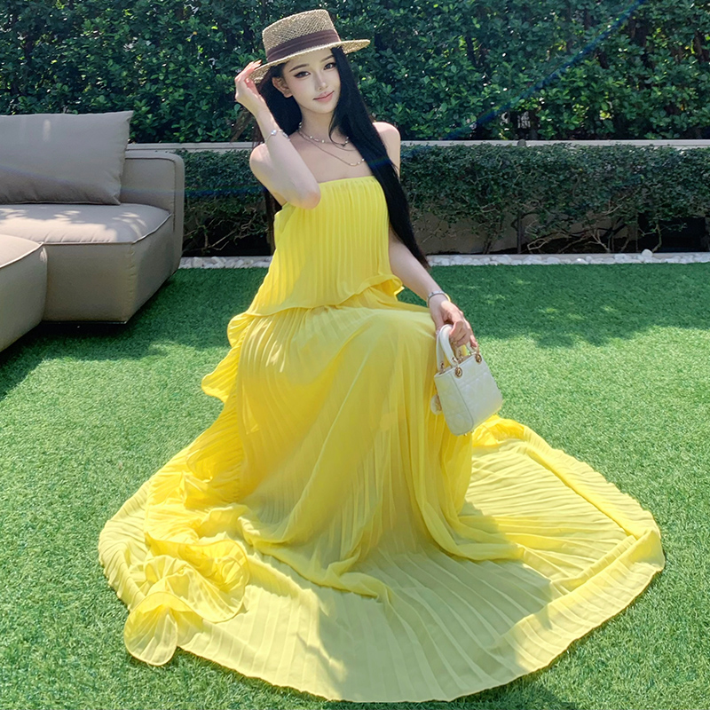 Island flair big skirt dress beautiful crimp long dress