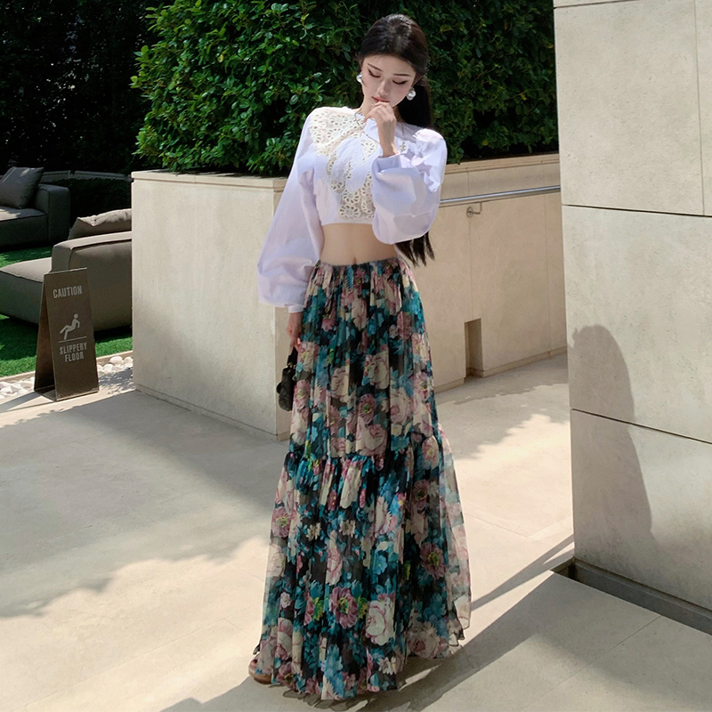 Vacation printing skirt seaside shirt a set for women