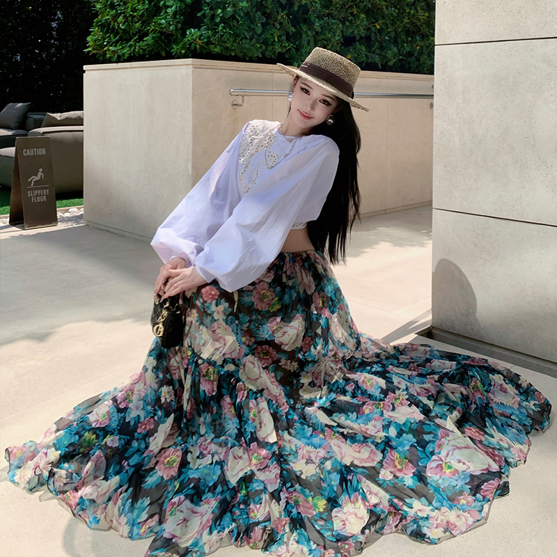 Vacation printing skirt seaside shirt a set for women