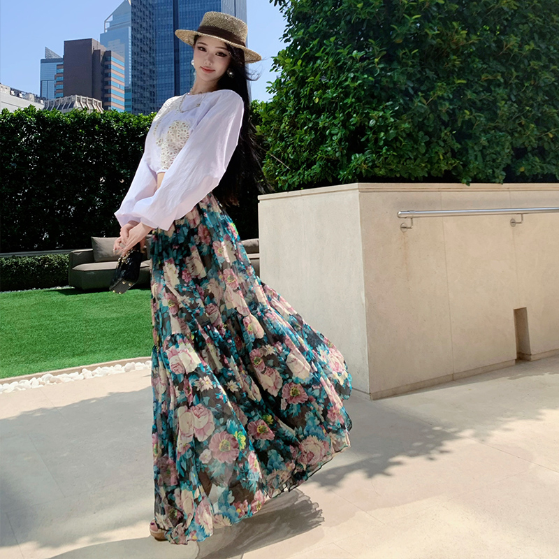 Vacation printing skirt seaside shirt a set for women