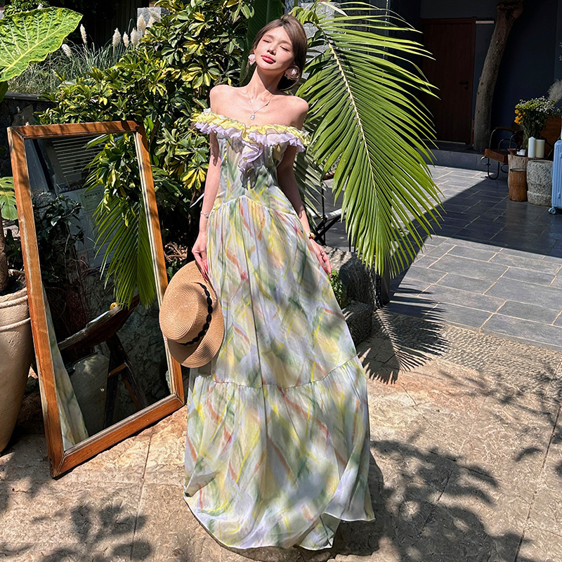 Lady romantic long dress big halter vacation dress