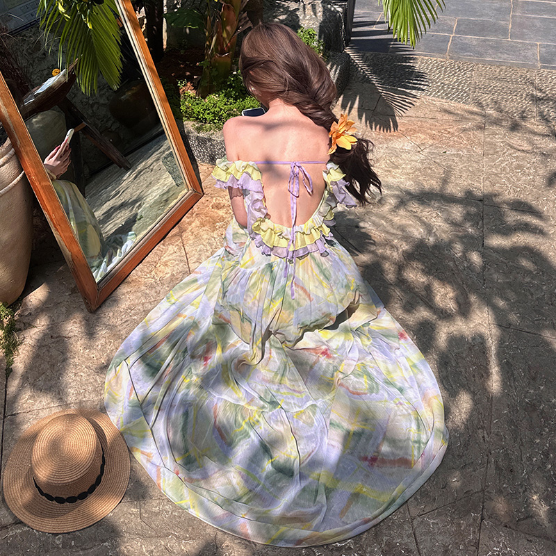 Lady romantic long dress big halter vacation dress