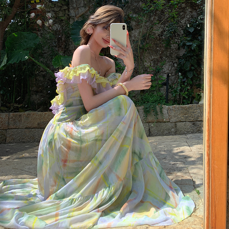 Lady romantic long dress big halter vacation dress