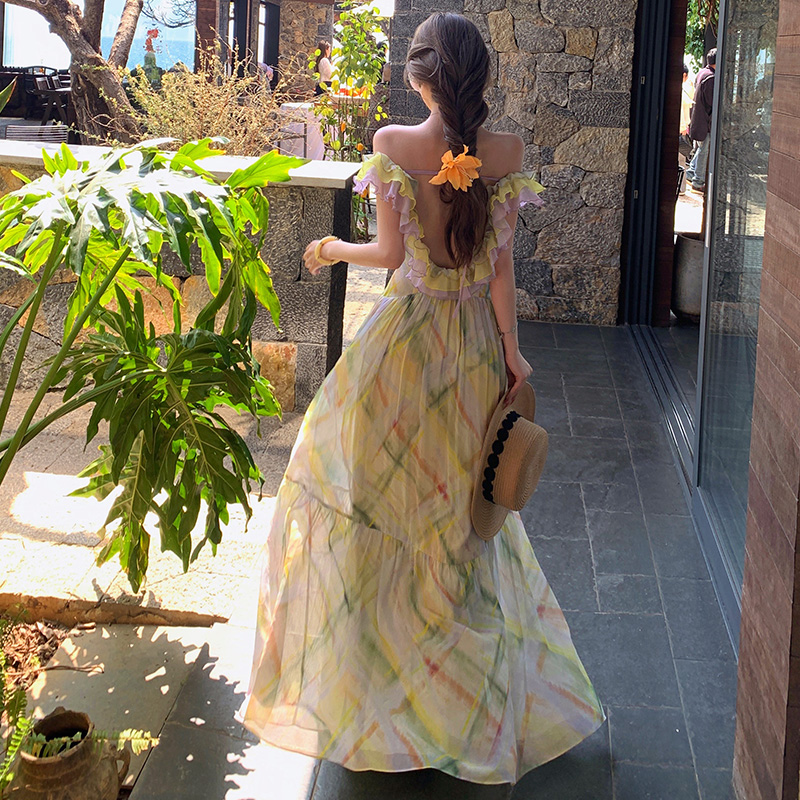 Lady romantic long dress big halter vacation dress