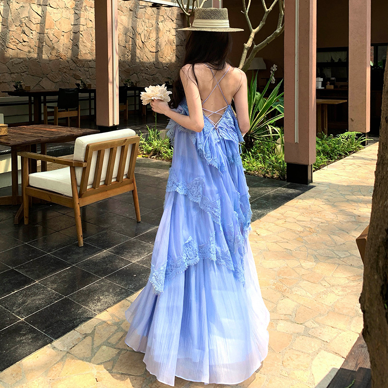 Lady cake romantic dress halter lace vacation strap dress