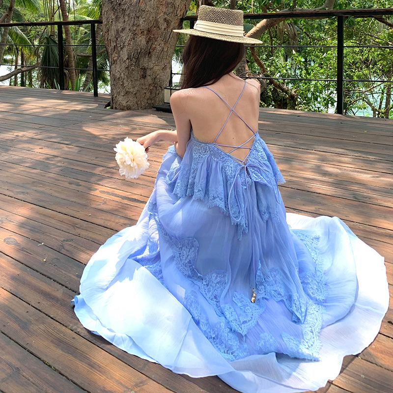 Lady cake romantic dress halter lace vacation strap dress