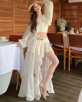 Embroidery vacation skirt lace trumpet sleeves tops a set