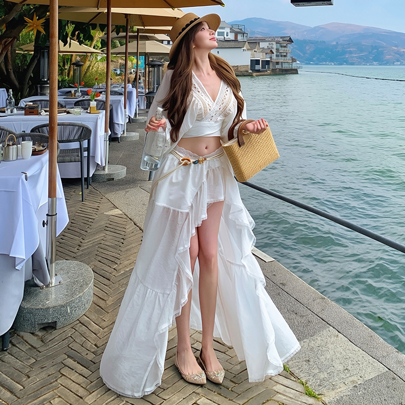 Embroidery vacation skirt lace trumpet sleeves tops a set