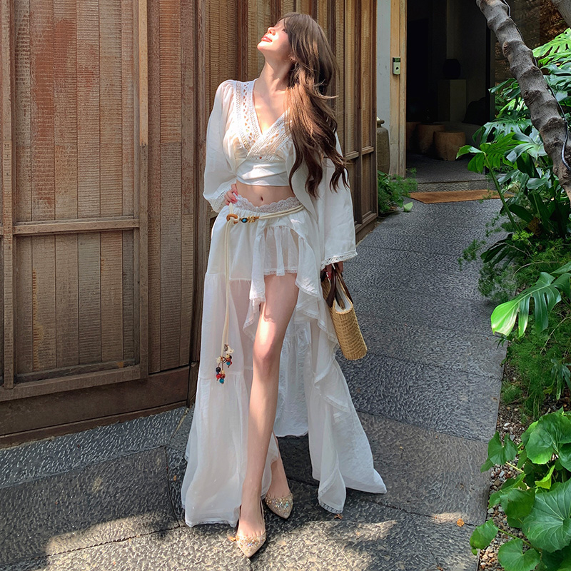 Embroidery vacation skirt lace trumpet sleeves tops a set