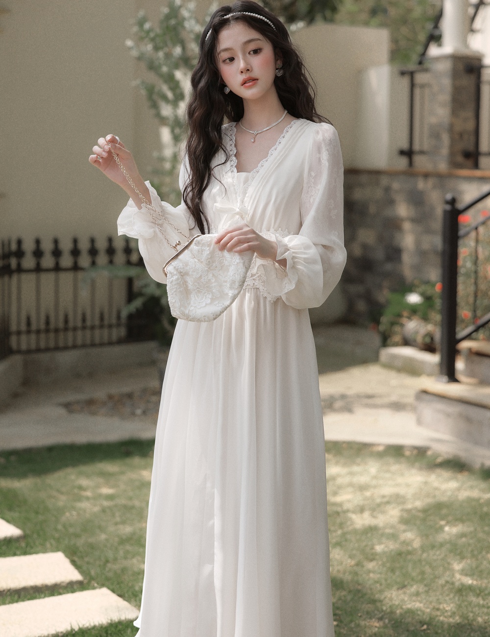 V-neck lace pinched waist long dress wear elegant temperament hat
