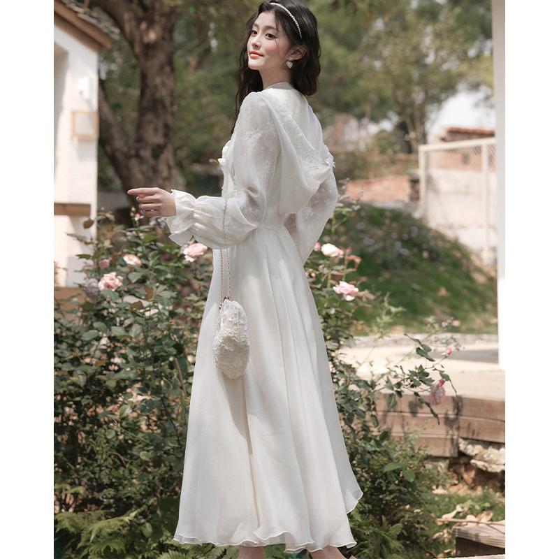 V-neck lace pinched waist long dress wear elegant temperament hat