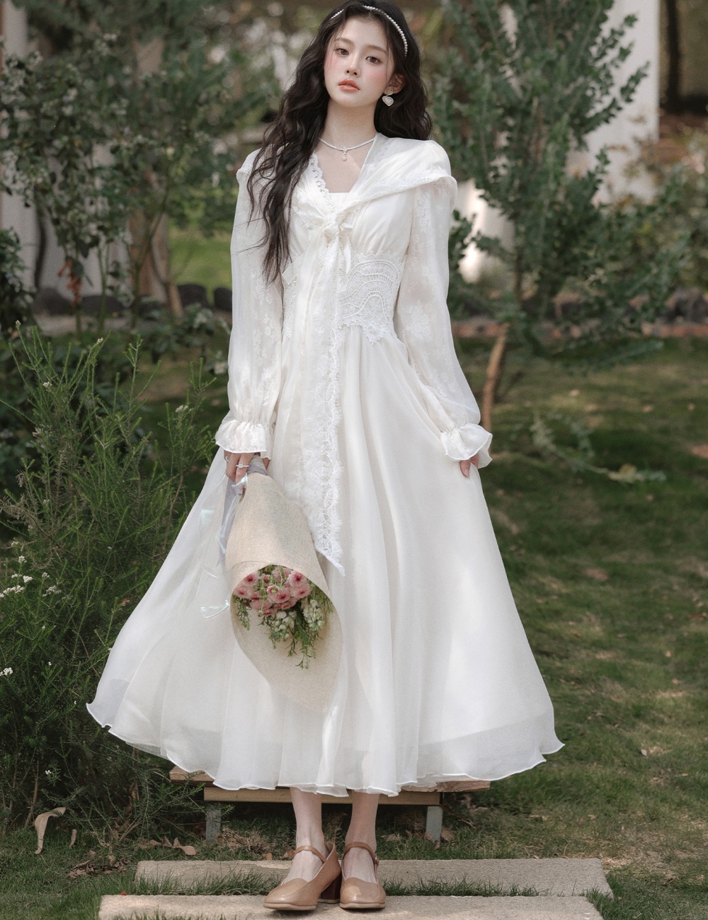 V-neck lace pinched waist long dress wear elegant temperament hat