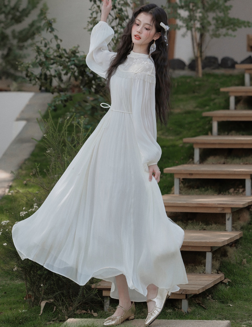 Lace loose dress tender fold long dress for women