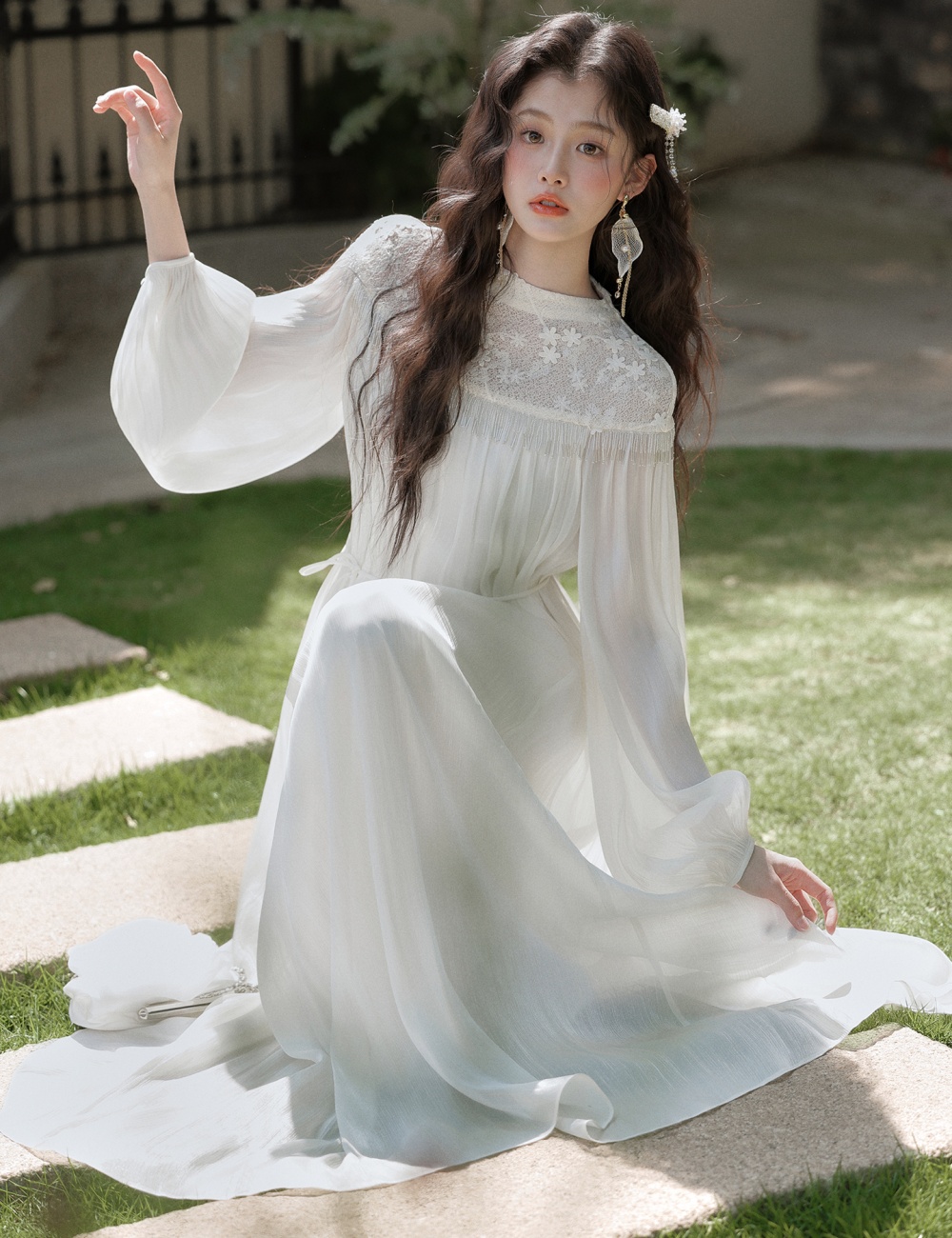 Lace loose dress tender fold long dress for women