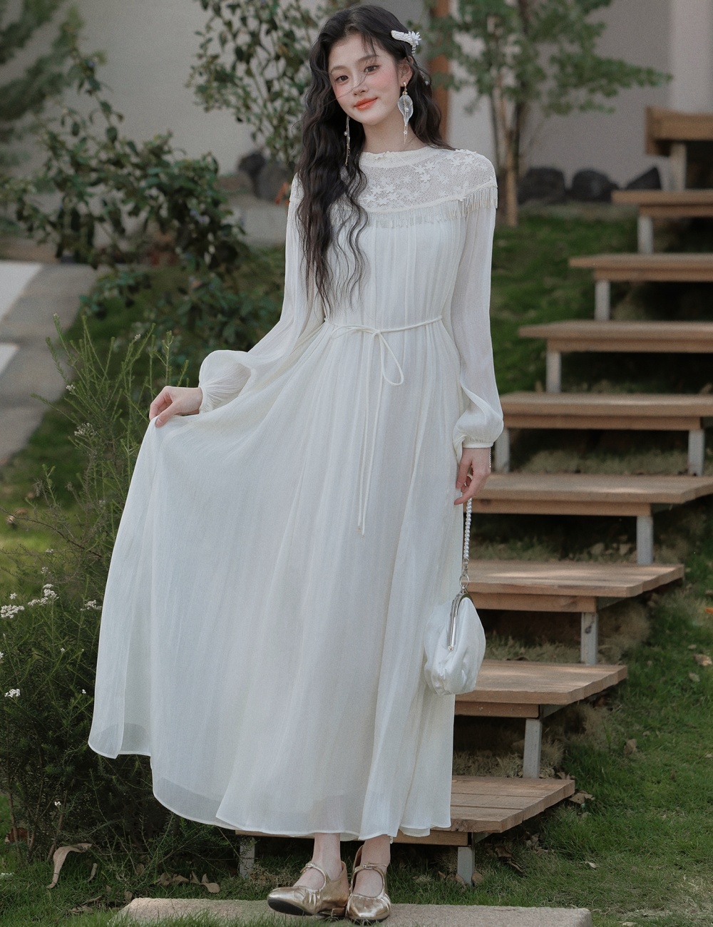 Lace loose dress tender fold long dress for women