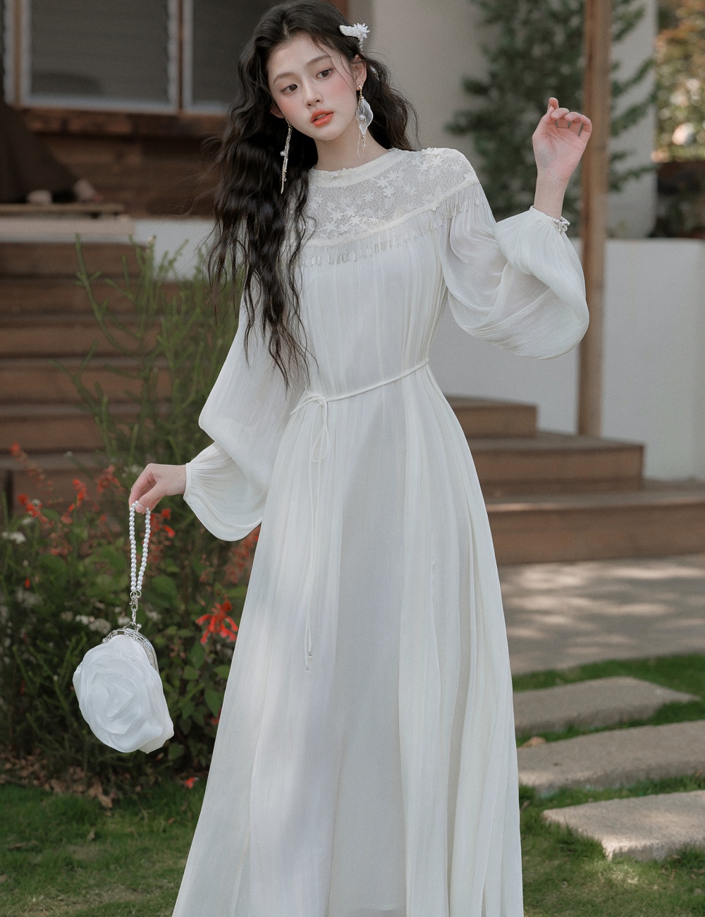 Lace loose dress tender fold long dress for women