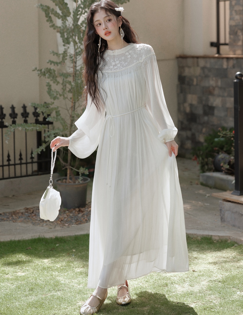 Lace loose dress tender fold long dress for women