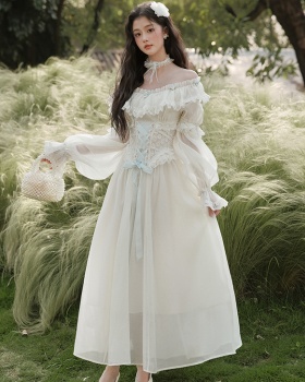 Lady retro long dress sweet flat shoulder dress