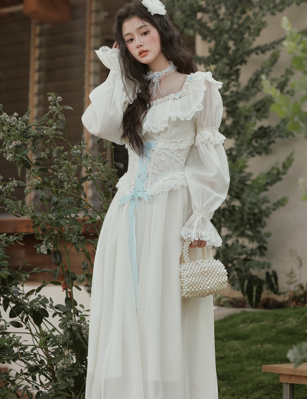 Lady retro long dress sweet flat shoulder dress