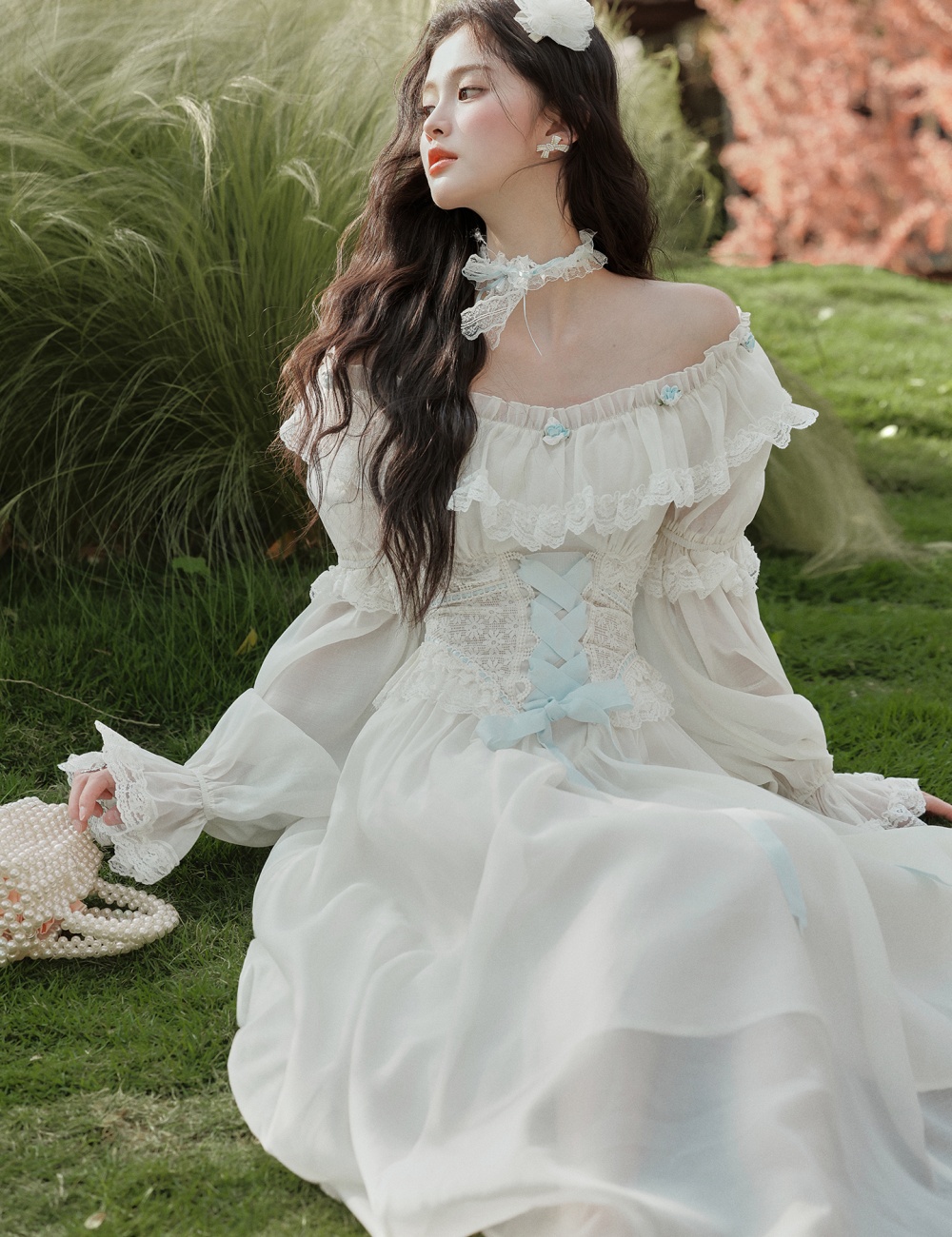 Lady retro long dress sweet flat shoulder dress