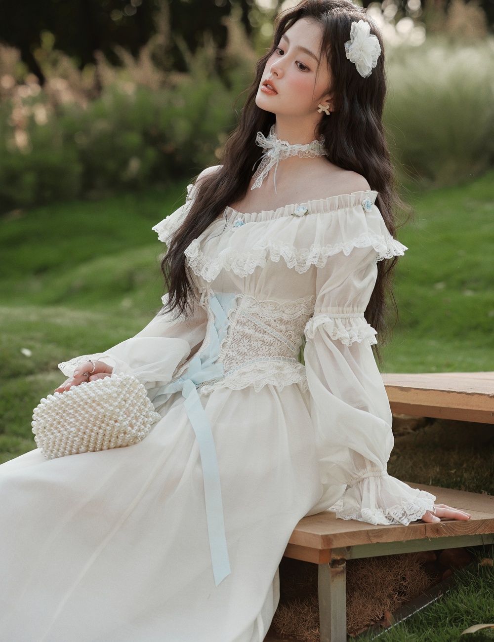 Lady retro long dress sweet flat shoulder dress