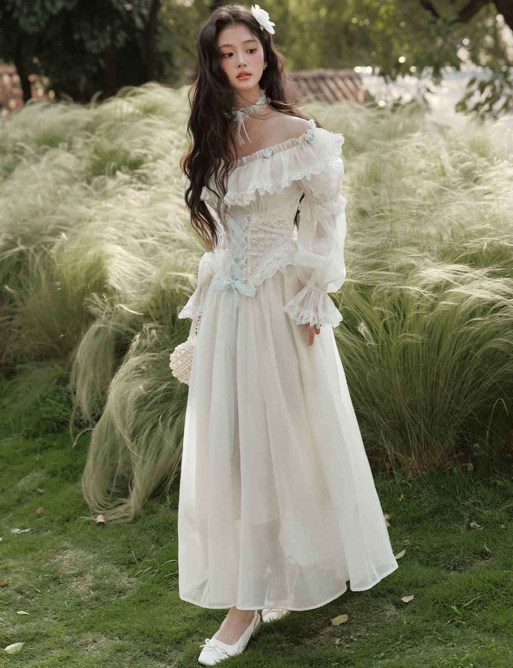 Lady retro long dress sweet flat shoulder dress