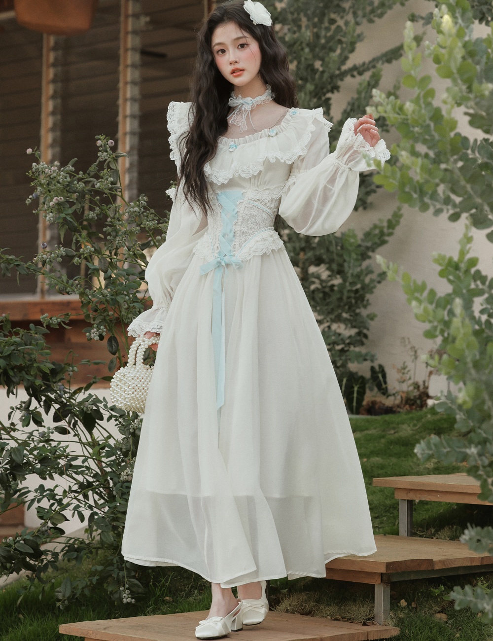 Lady retro long dress sweet flat shoulder dress